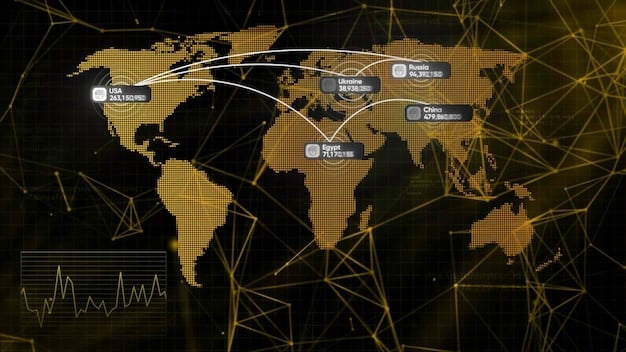 A detailed world map with economic indicators overlaid, showing trade routes and financial flows between continents. Hands are shaking over certain regions, symbolizing agreements and diplomatic relations influenced by economic factors.