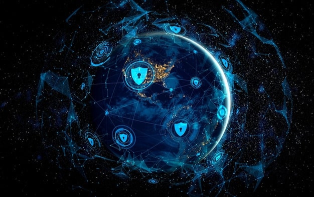 A stylized representation of a secure global network, with digital shields protecting important nodes like financial institutions, power grids, and government databases, combating swirling lines of malicious code and cyber threats.