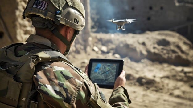 A close-up of a soldier operating a high-tech surveillance drone in a desert environment, symbolizing advancements in military technology and remote operations.