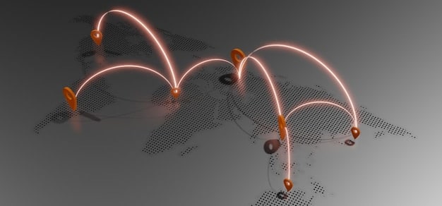 A visual representation of global trade routes with arrows indicating diversification and resilience, showing factories and ports, symbolizing economic resilience and supply chain adjustments. In the background, subtle outlines of national flags suggest international partnerships.