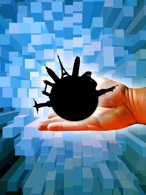 A visual representation of global challenges converging on a symbolic United Nations building, illustrating issues like climate change (e.g., rising water), geopolitical conflict (e.g., stylized explosions), and cyber threats (e.g., digital lines), all in a state of dynamic tension.