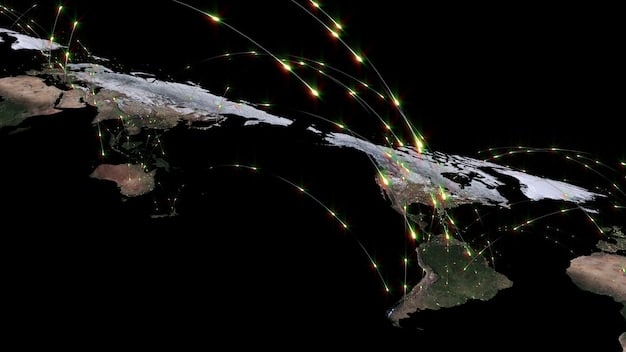 A detailed world map focusing on trade routes and financial flows, with some paths highlighted in red to denote disruption or rerouting due to sanctions. Adjacent to the map are small data visualization icons representing economic indicators changing in various regions.