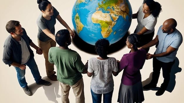 A diverse group of people, representing different cultures, standing together hand-in-hand, symbolizing unity and human rights, with Earth in the background.