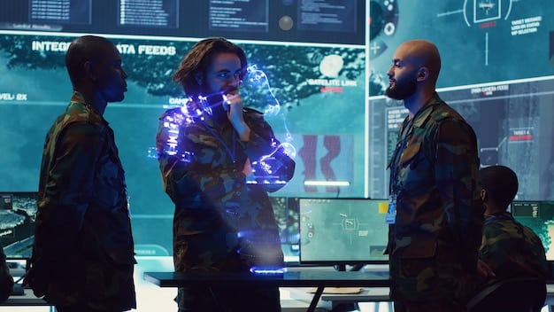 A diverse group of cybersecurity experts in a modern control room, analyzing dashboards with digital threat metrics and network maps, indicating collaborative defense.