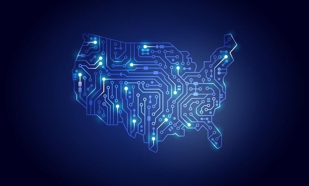 A map of the US overlaid with circuit board patterns, with various defense logos like DHS, DoD, and FBI subtly integrated, symbolizing a unified national cyber defense.