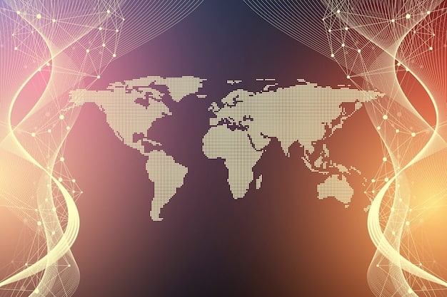 A stylized map of the world with interconnected lines, highlighting key geopolitical hotspots and economic centers, illustrating global interconnectedness and rivalries.