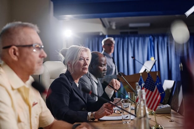 A diverse group of world leaders engaged in a diplomatic discussion at a modern conference table, symbolizing multilateralism and global cooperation.