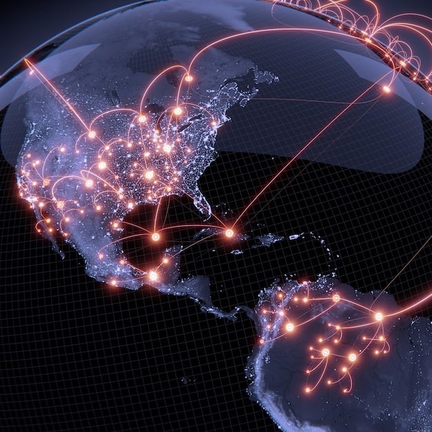 A digital overlay of global data points connecting continents, symbolizing improved data intelligence and interconnected strategies for future aid efforts.