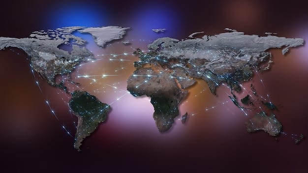 A digital map of the world showing interconnected lines of diplomacy and military alliances emanating from the United States, illustrating its global security network and collaborative efforts.