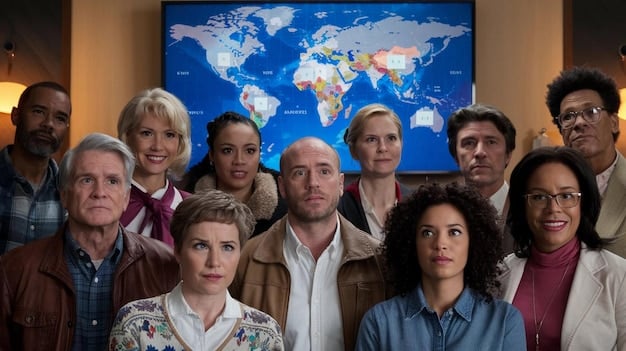 A diverse group of world leaders engaged in a diplomatic discussion, with maps and global indicators projected on screens in the background, symbolizing collective international problem-solving and shared responsibilities.