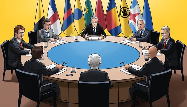 A symbolic image of various global leaders and diplomats seated around a circular table, engaged in serious discussion on a world map integrated into the table's surface, representing international cooperation.