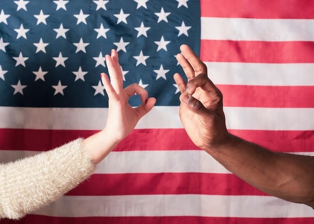 Two hands, one with a US flag bracelet and another with a different international flag bracelet, lightly touching over a blurred background of a diverse crowd, symbolizing cooperation and exchange through immigration. Focus on connection and diversity.
