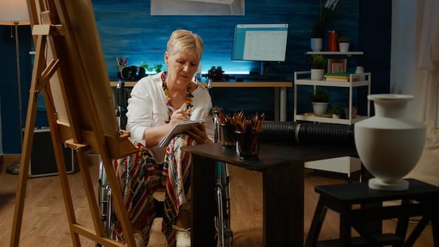 An accessible art studio with a wheelchair user painting on a canvas, surrounded by various art supplies and natural light.
