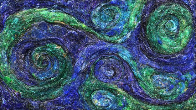 A vibrant abstract painting with swirling blues, greens, and touches of gold, conveying a sense of mystical journey or an ancient folklore tale, rich in texture and implied motion.