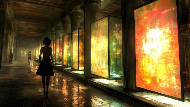 A brightly lit museum hall showcasing a series of famous Impressionist paintings by Monet and Renoir. Visitors are captivated, admiring the artwork with focused expressions. The architecture is grand, with high ceilings and polished wooden floors, enhancing the serene yet inspiring atmosphere.