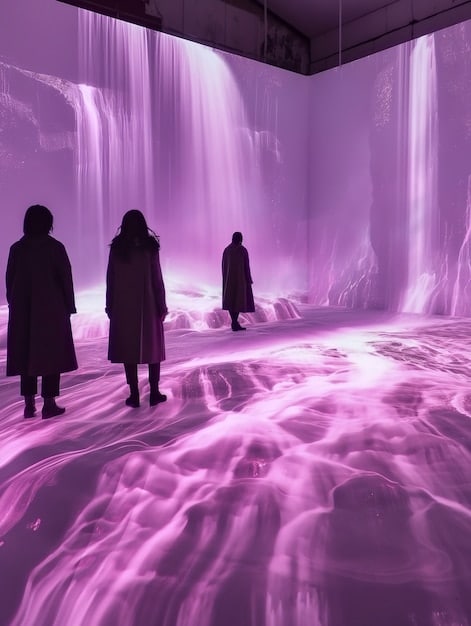 A visitor stands inside a cavernous digital art installation at ARTECHOUSE, surrounded by swirling, abstract patterns of light and color projected onto all surfaces. The patterns seem to ripple and react to the viewer's presence, indicating AI-driven interactivity.