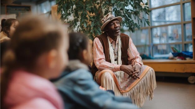 A group of people actively listening and learning from a Native American elder who is sharing stories, with a respectful and engaged atmosphere, possibly at a workshop or cultural gathering.