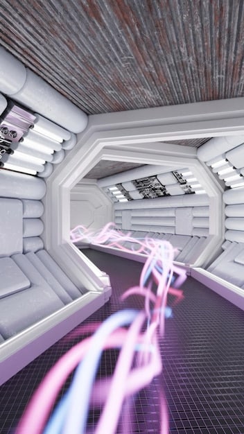A detailed render of a futuristic immersive art space, showing seamless integration of light, sound, and interactive technology, suggesting future trends.