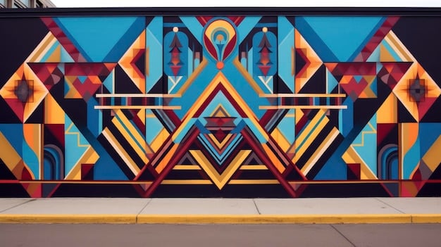 A vibrant, large-scale mural covering the side of a building in La Jolla, depicting abstract colorful shapes, with pedestrians on the sidewalk admiring it.