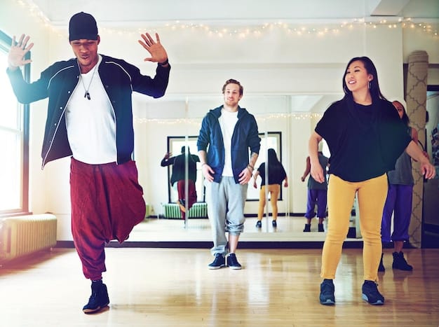 A group of diverse contemporary dancers rehearsing in a brightly lit studio, embodying collaboration and shared artistic vision.