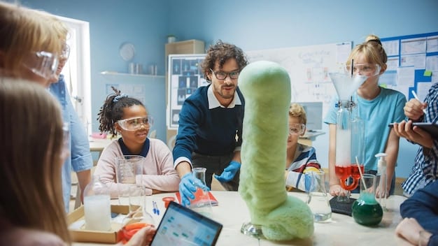 Students from different countries collaborating on a science project in a modern classroom, showcasing educational exchange.