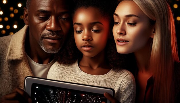 A diverse group of people, each looking at a different illuminated screen displaying various forms of digital art, with connection lines between them, emphasizing global art consumption.