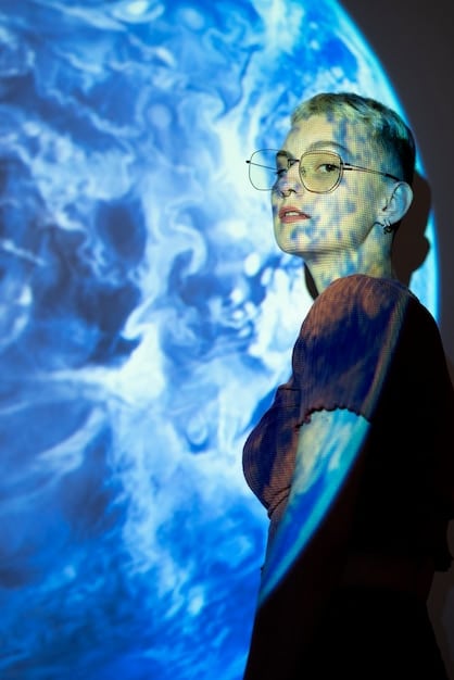 A person wearing an AR/VR headset, immersed in a holographic art gallery experience, surrounded by glowing digital sculptures.