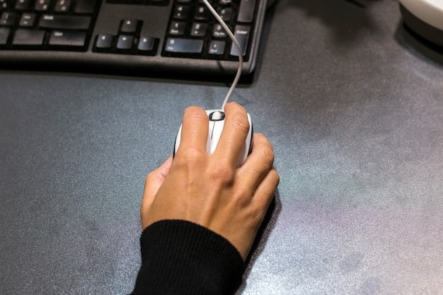 A close-up shot of a person's hands correctly positioned on an ergonomic keyboard and mouse, with forearms resting comfortably on the desk. The keyboard is split, and the mouse is vertically oriented, suggesting ergonomic design.