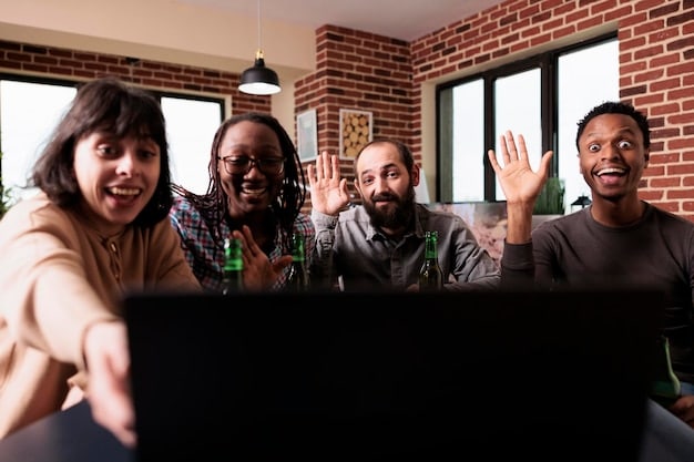 A group of smiling remote colleagues engaging in a friendly video call, demonstrating positive virtual social interaction and team unity.