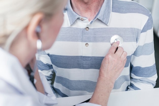 A calm female doctor using a stethoscope to listen to an adult male patient's chest during a routine physical examination in a clean, brightly lit medical office, symbolizing thorough preventative care.