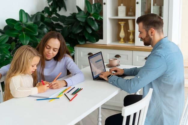 A family (parents and two children) sitting around a table, engaged in a discussion while looking at documents and a laptop, symbolizing financial planning and decision-making for health insurance.