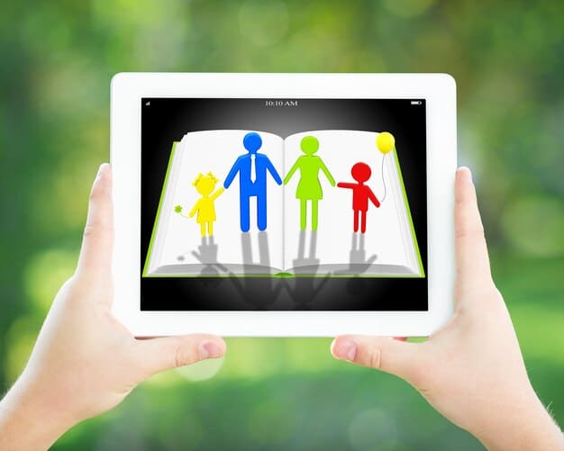 Close-up of a tablet displaying various health insurance plan options, with hands (possibly a parent's) pointing at different features, indicating active comparison.