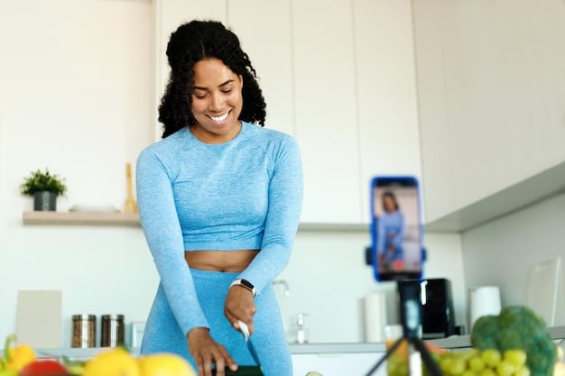 An employee wearing a fitness tracker, looking at a healthy food plate, symbolizing proactive health and integrated data.
