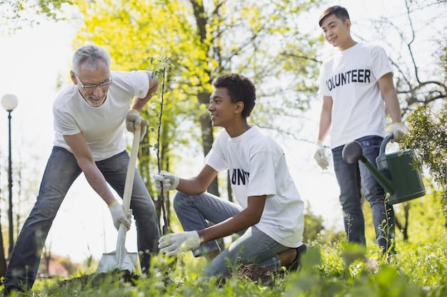 A diverse group of employees planting trees together in a community garden, symbolizing team building and environmental commitment.