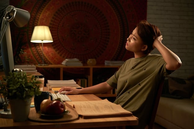 A person sitting calmly at a desk with a focused expression, a subtle glow around their head, symbolizing improved focus and clarity.