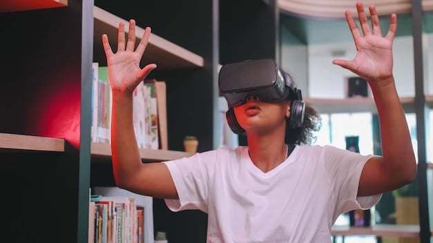 A student wearing a VR headset, immersed in a virtual classroom environment with interactive elements and holographic projections.