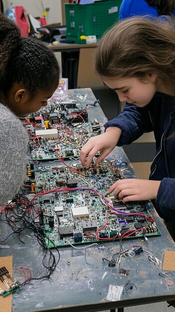 A close-up of students working on a detailed circuit board in an electronics vocational program, showcasing precision and technical skill development.