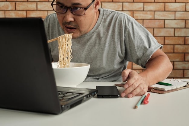 A student looking stressed while staring at a laptop screen filled with textbook prices, with empty ramen noodle cups and overdue bills scattered around, symbolizing financial hardship.
