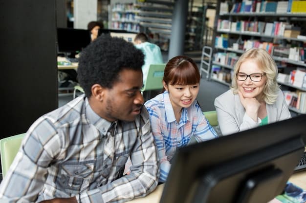 A diverse group of students collaboratively working on laptops in a modern university library, using various digital and physical resources, symbolizing collective and technological solutions.