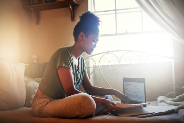 A student sitting comfortably in a well-lit home study space, taking a digital test on a laptop, with a virtual proctoring setup visible on the screen, symbolizing remote testing.