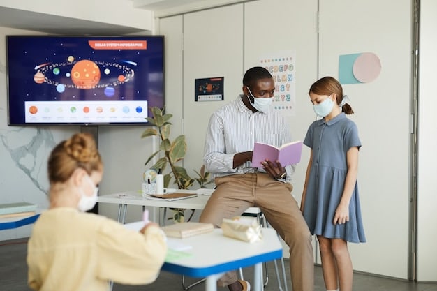 A teacher instructing a small group of students using a smart board, showing a dynamic, interactive quiz that mimics new adaptive test formats, with students engaged on their personal tablets.