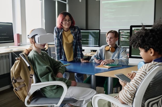 A diverse group of US students working collaboratively on a coding project using AI development kits, supervised by an educator, in an inclusive classroom environment.