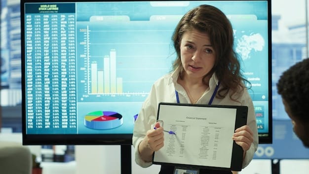 A US school administrator thoughtfully reviewing a dashboard displaying AI-generated analytics on student performance and resource allocation, demonstrating data-driven decision-making.