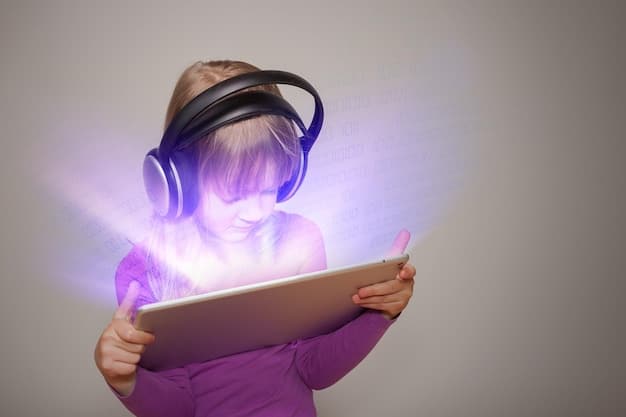 A student wearing headphones, intensely focused on a tablet displaying interactive educational content, with a lightbulb graphic suggesting innovation. Symbolizes adaptive learning technology.