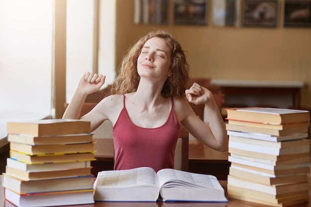 A serene student meditating amidst a pile of textbooks, with a calm, focused expression. Represents stress management and mental well-being in an academic context.