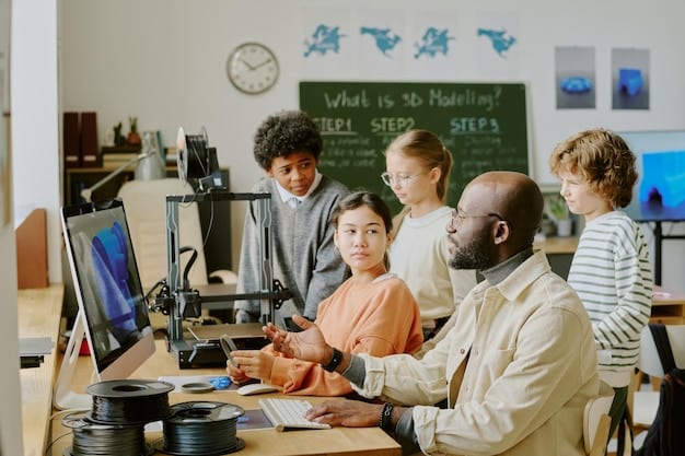 A group of diverse students collaboratively working on a coding project باستخدام a large interactive screen, emphasizing teamwork and technology in STEM education.