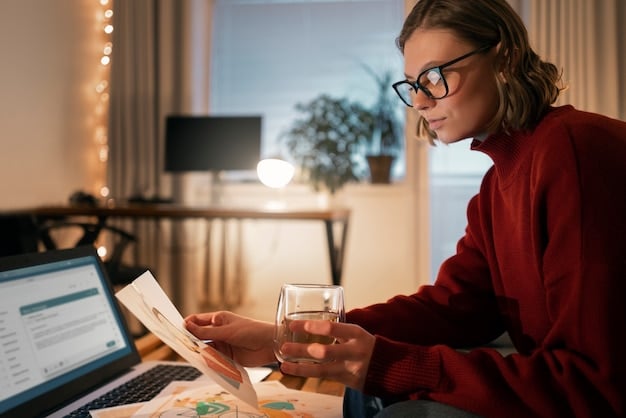 A young adult meticulously organizing financial documents and bills on a desk, with a laptop displaying a student loan dashboard. The background shows a cozy, well-lit home office environment.