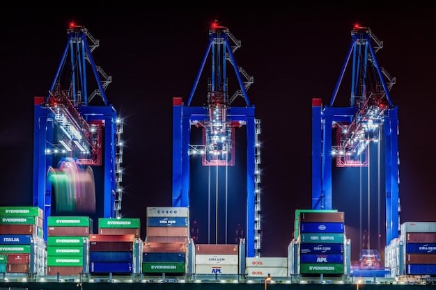 A bustling international cargo port with containers stacked high, ships loading and unloading goods, and cranes actively moving, symbolizing global trade, supply chains, and economic interconnectedness.
