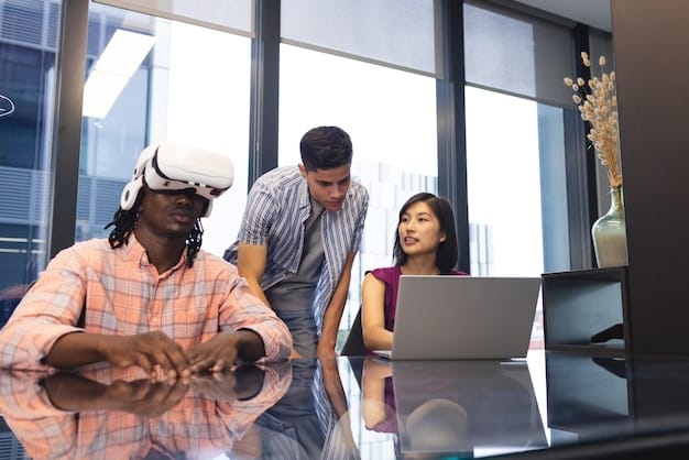 A diverse group of people in an office setting, actively collaborating and using technology. The image should convey innovation and adaptability in the modern workforce.