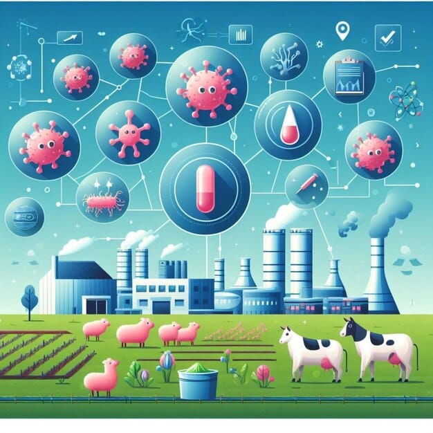 A detailed infographic showing different economic sectors in the US (e.g., tech, agriculture, healthcare) with arrows indicating varied impacts from immigration policies. Some arrows point up, some down, reflecting the mixed effects on each industry, and a diverse workforce operating within these sectors.